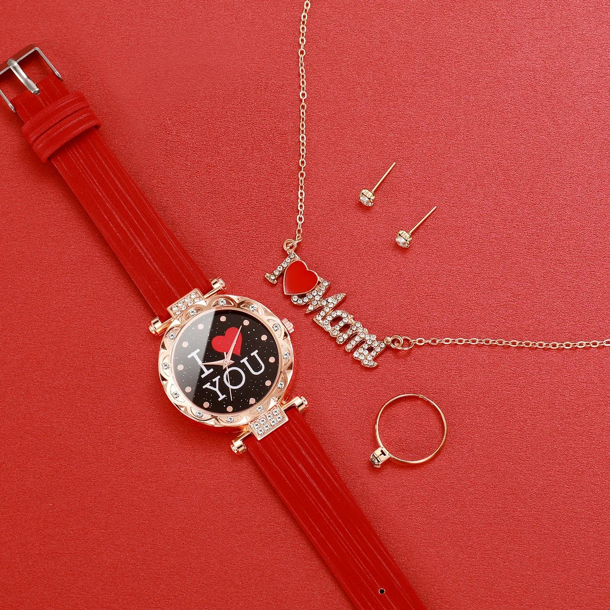 5 pçs/set moda feminina relógio strass pulseira de couro relógios de quartzo conjunto de jóias de diamante presente para a mãe