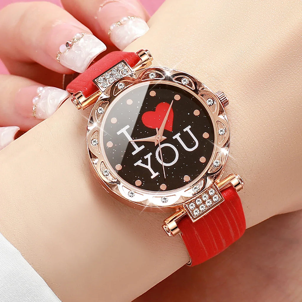 5 pçs/set moda feminina relógio strass pulseira de couro relógios de quartzo conjunto de jóias de diamante presente para a mãe