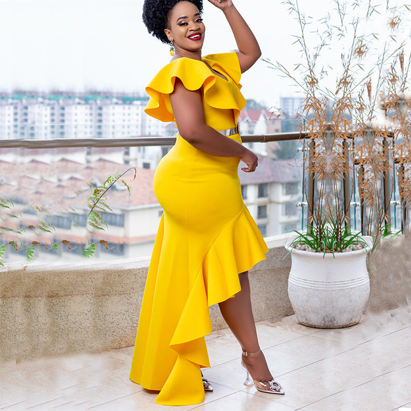 African Cross-border Source 2023 New Solid Color Loose Style Evening Dress Slim-fit Long Dress for Cross-border