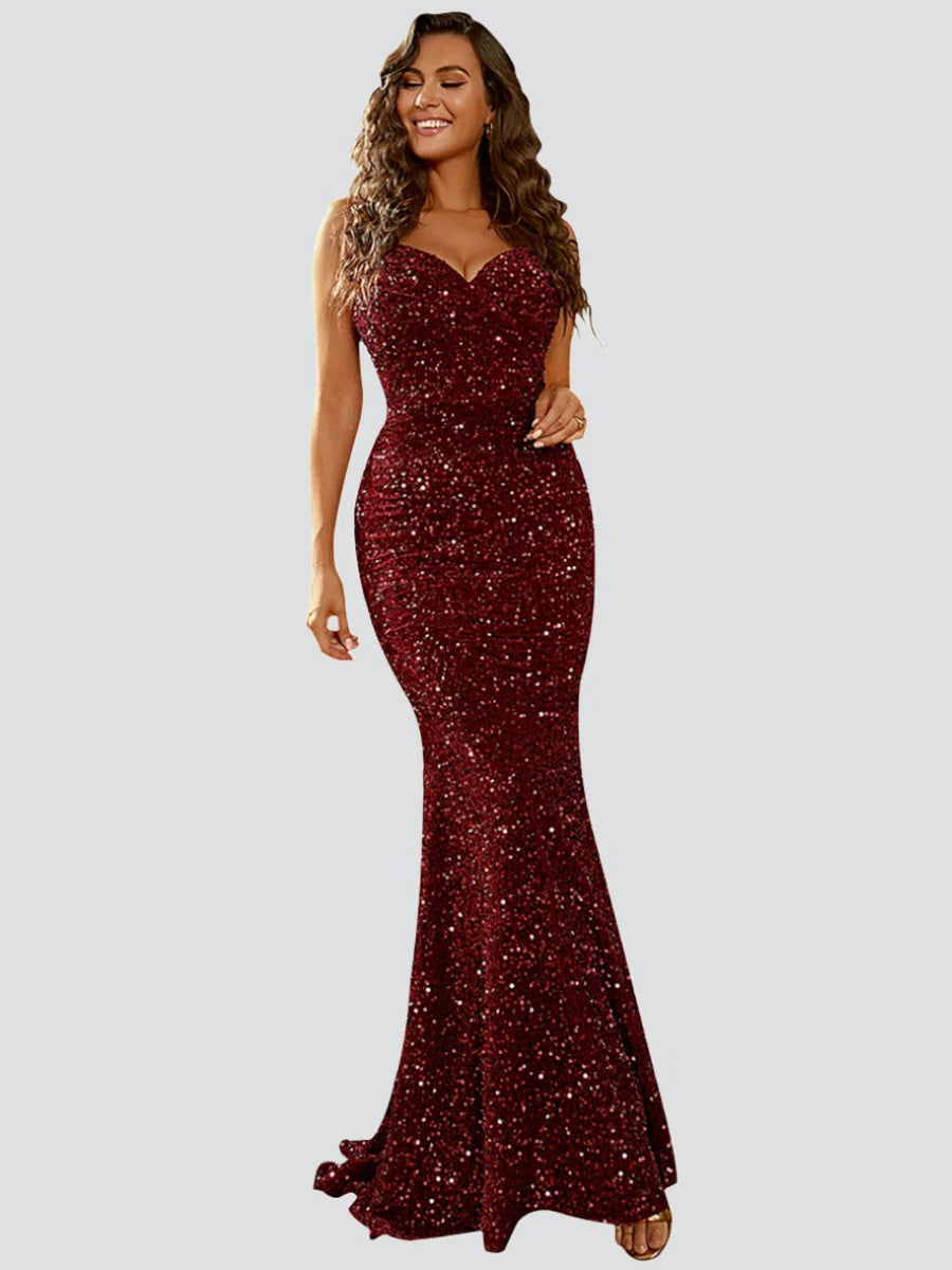 Vestido longo e elegante, com decote em V e lantejoulas que dão brilho. Tem cintura média e um estilo moderno europeu e americano. Ideal para usar na primavera e verão, perfeito para festas e eventos à noite.