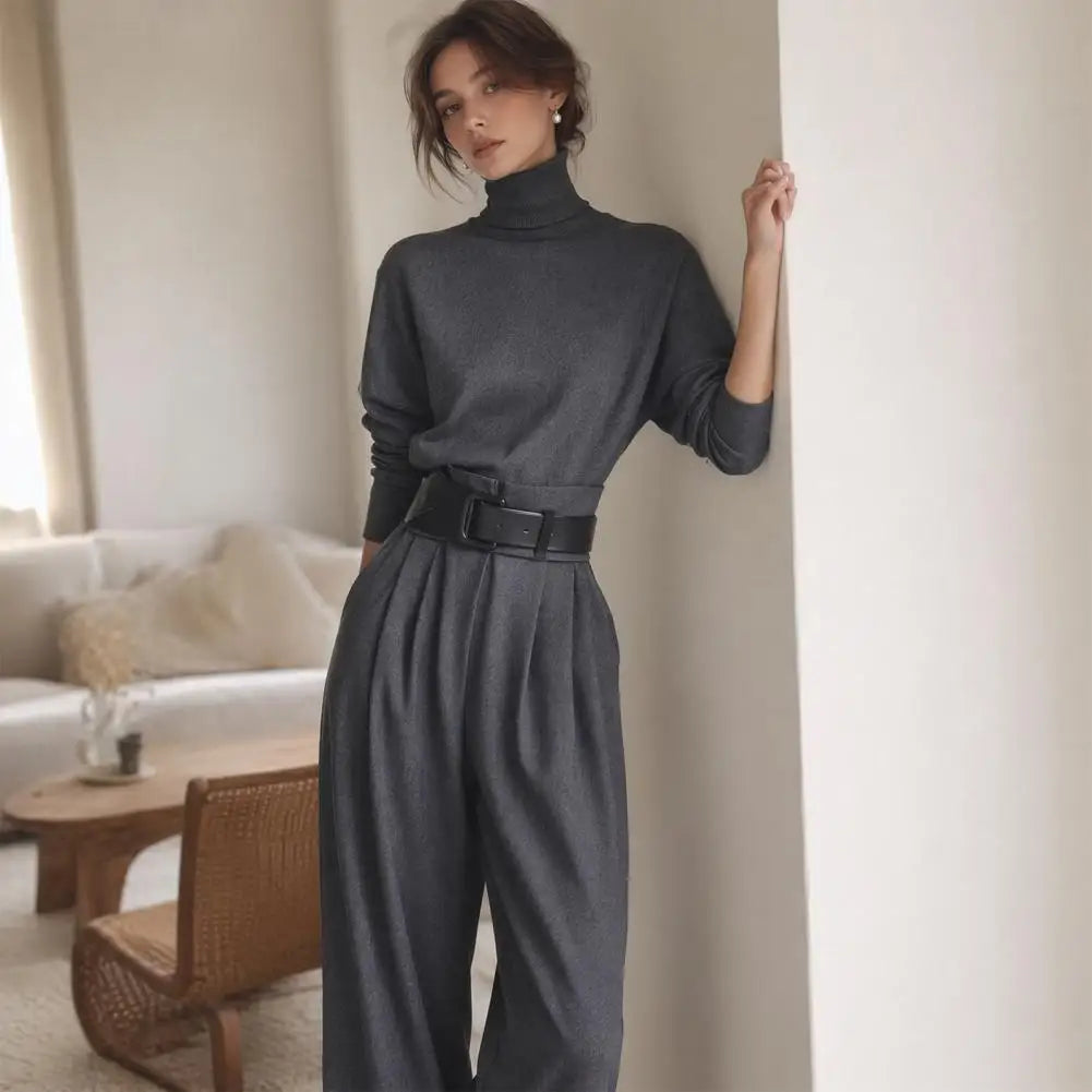 Conjunto Feminino de 2 Peças 2026: Blusa de Gola Alta Manga Longa e Calça de Cintura Alta com Cinto - Conjunto Casual Feminino Estilo Streetwear