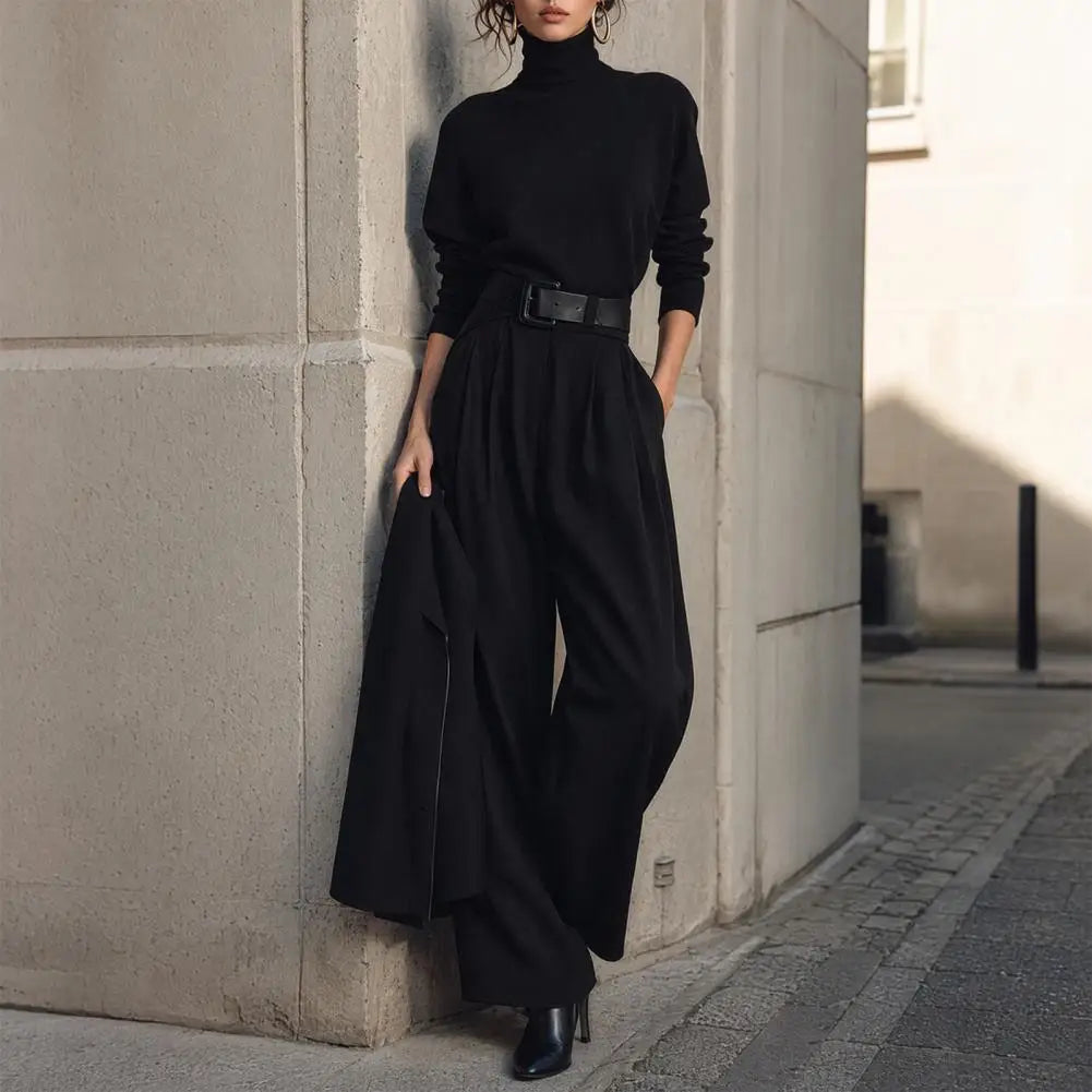 Conjunto Feminino de 2 Peças 2026: Blusa de Gola Alta Manga Longa e Calça de Cintura Alta com Cinto - Conjunto Casual Feminino Estilo Streetwear