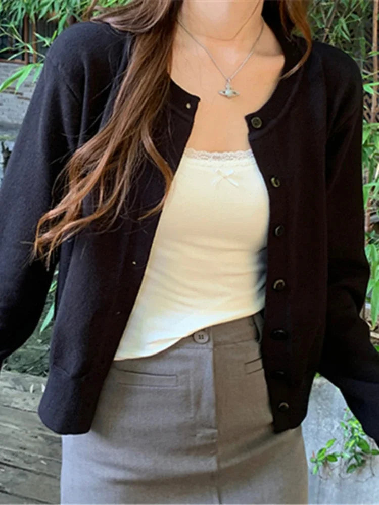 Cardigan feminino manga longa 2026 o pescoço botão para baixo malha senhora primavera outono malha único breasted cardigan suéteres