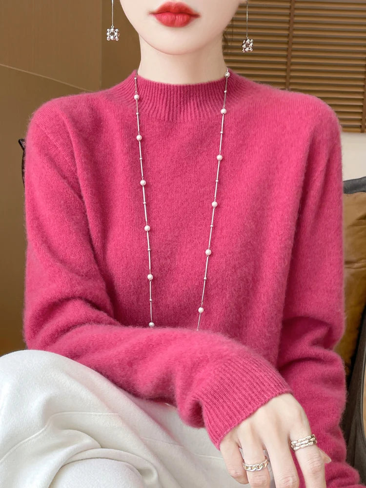 Moda 100% lã camisola feminina mock-neck malhas pulôveres de caxemira outono inverno manga longa jumpers roupas topos