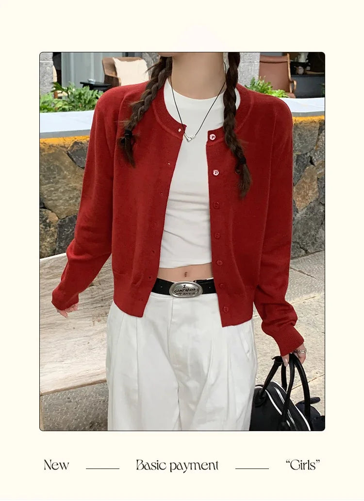 Cardigan feminino manga longa 2026 o pescoço botão para baixo malha senhora primavera outono malha único breasted cardigan suéteres