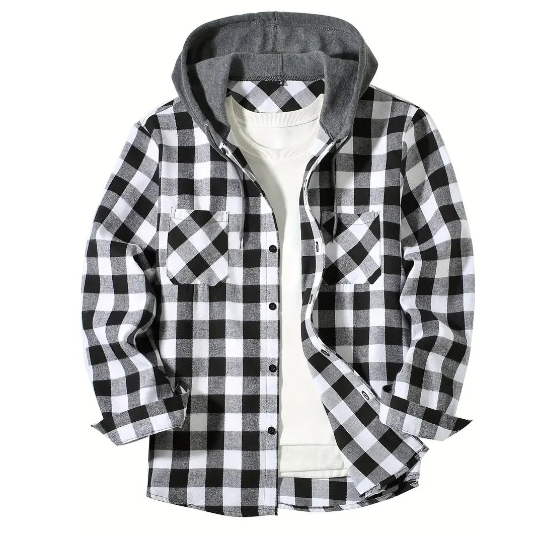 Camisas masculinas clássicas xadrez casual botão para baixo com capuz manga comprida bolsos duplos camisa com capuz jaqueta de flanela primavera outono topos
