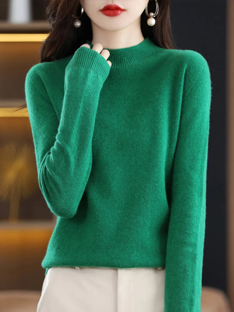 Moda 100% lã camisola feminina mock-neck malhas pulôveres de caxemira outono inverno manga longa jumpers roupas topos