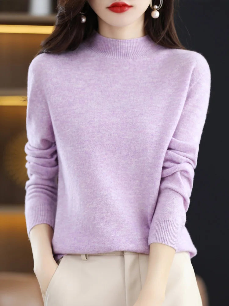 Moda 100% lã camisola feminina mock-neck malhas pulôveres de caxemira outono inverno manga longa jumpers roupas topos