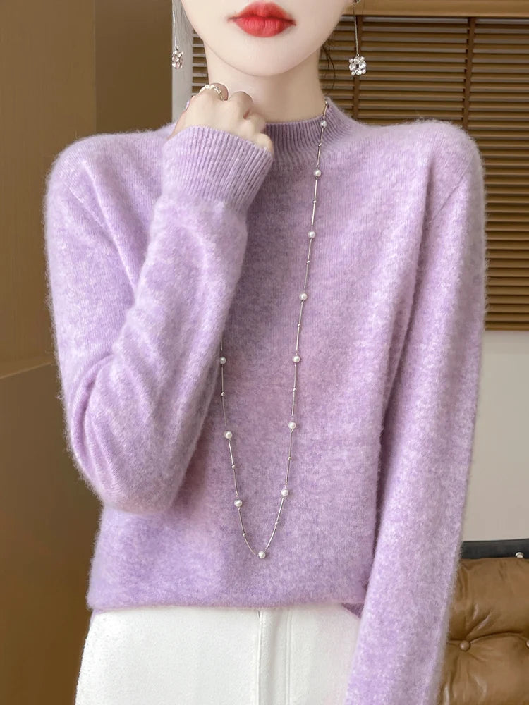 Moda 100% lã camisola feminina mock-neck malhas pulôveres de caxemira outono inverno manga longa jumpers roupas topos