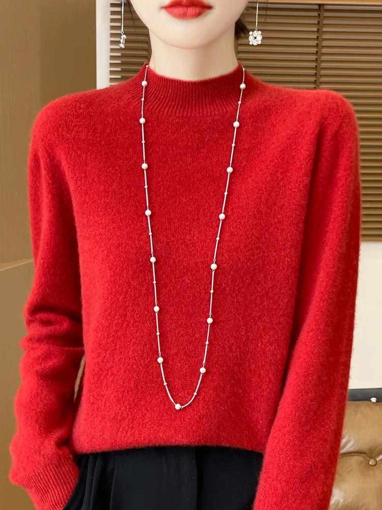 Moda 100% lã camisola feminina mock-neck malhas pulôveres de caxemira outono inverno manga longa jumpers roupas topos