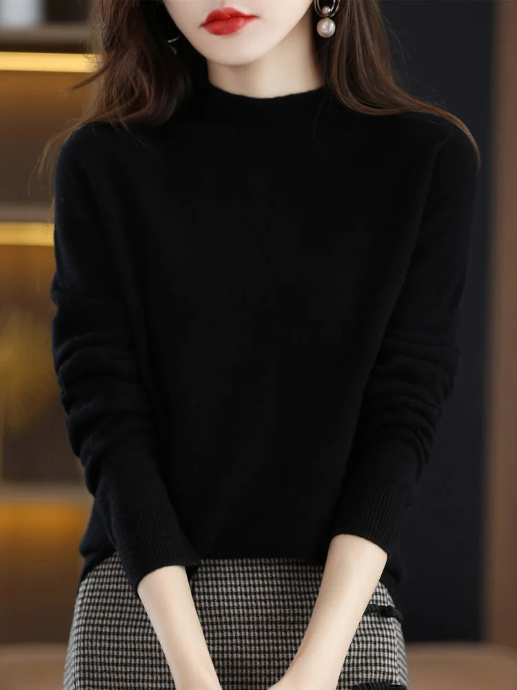 Moda 100% lã camisola feminina mock-neck malhas pulôveres de caxemira outono inverno manga longa jumpers roupas topos