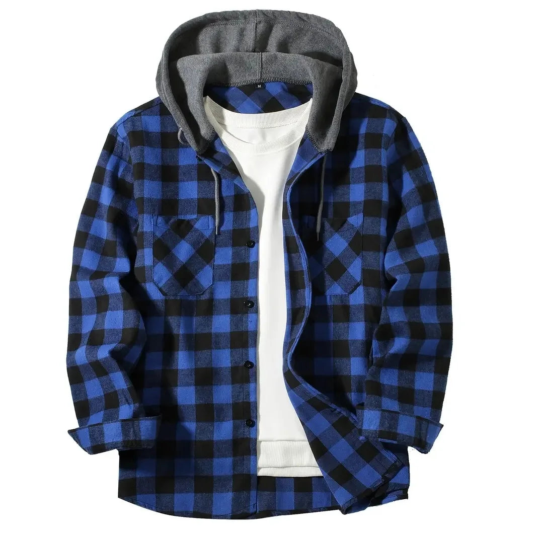 Camisas masculinas clássicas xadrez casual botão para baixo com capuz manga comprida bolsos duplos camisa com capuz jaqueta de flanela primavera outono topos