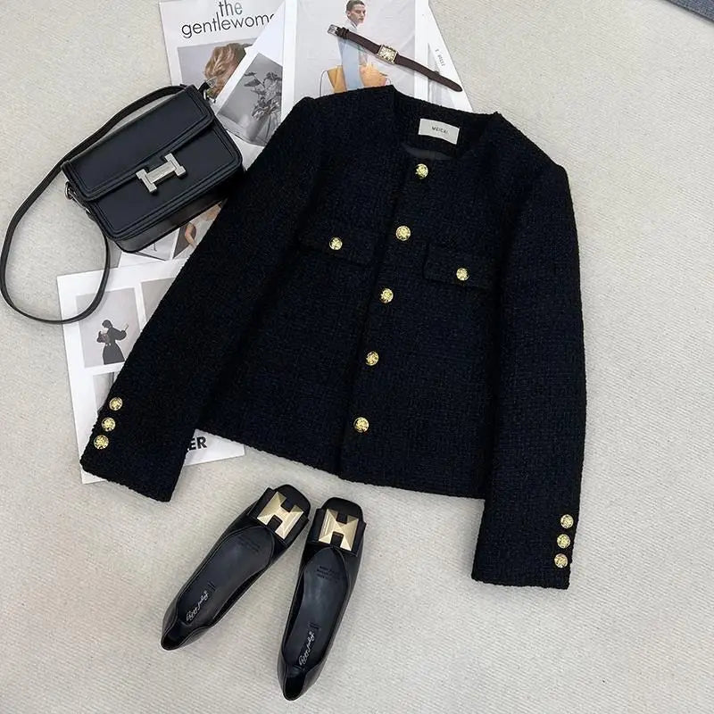Jaqueta Curta Feminina Preta Estilo Elegante, Nova Coleção Outono Inverno 2026, Gola Redonda, Casaco de Tweed Grosso e Texturizado, Agasalho Feminino