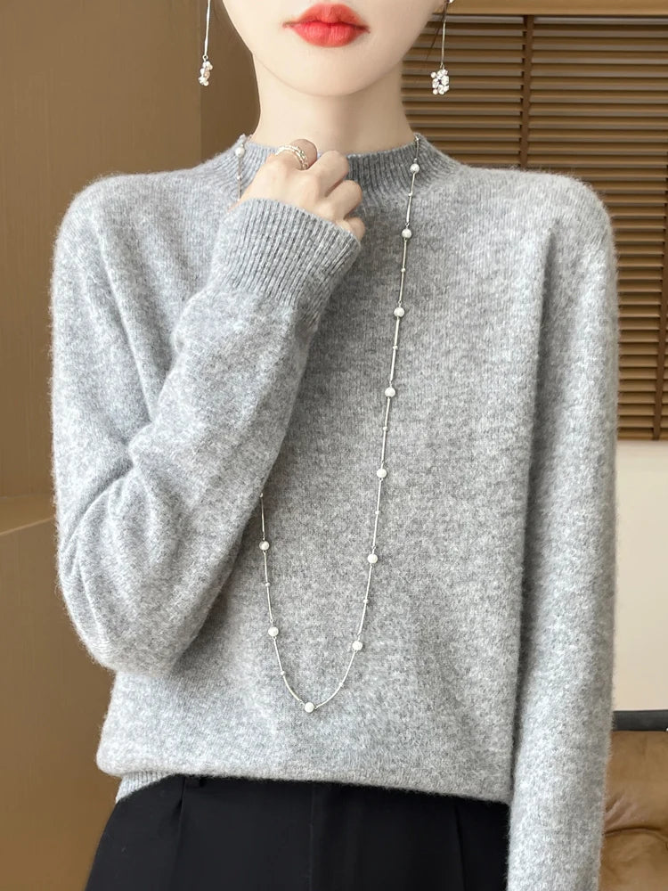 Moda 100% lã camisola feminina mock-neck malhas pulôveres de caxemira outono inverno manga longa jumpers roupas topos