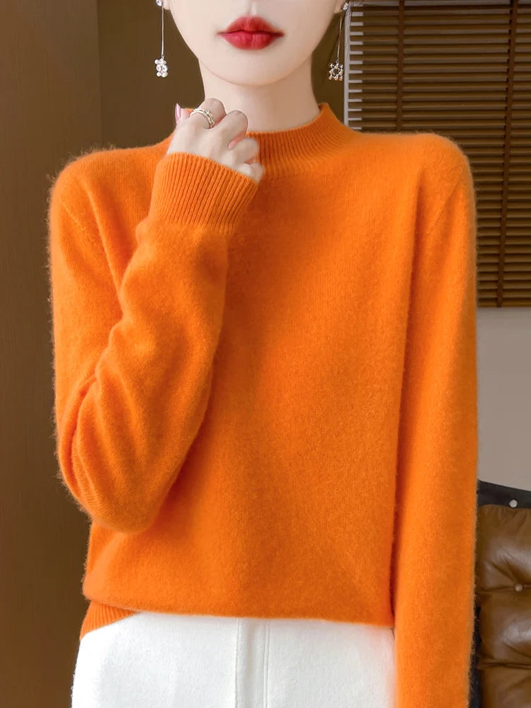 Moda 100% lã camisola feminina mock-neck malhas pulôveres de caxemira outono inverno manga longa jumpers roupas topos