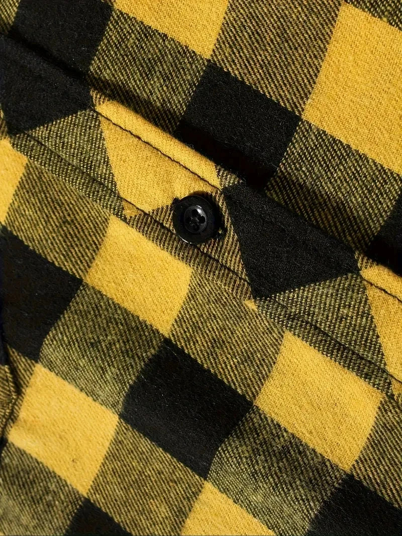 Camisas masculinas clássicas xadrez casual botão para baixo com capuz manga comprida bolsos duplos camisa com capuz jaqueta de flanela primavera outono topos