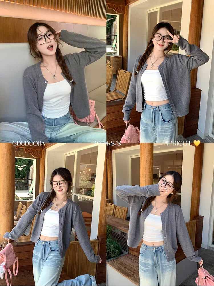 Cardigan feminino manga longa 2026 o pescoço botão para baixo malha senhora primavera outono malha único breasted cardigan suéteres