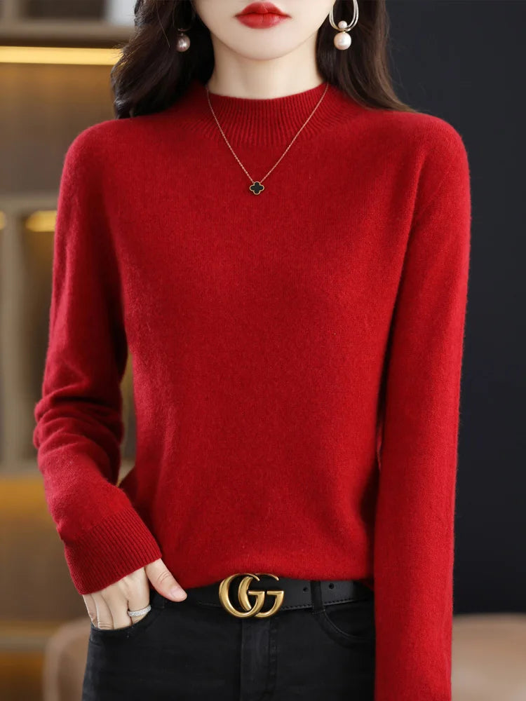 Moda 100% lã camisola feminina mock-neck malhas pulôveres de caxemira outono inverno manga longa jumpers roupas topos