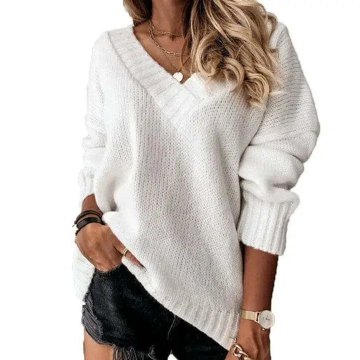 Suéter Feminino Casual da Moda para Outono e Inverno, Novo, Cor Sólida, Gola V, Manga Longa, Pulôver de Tricô para Comércio Exterior