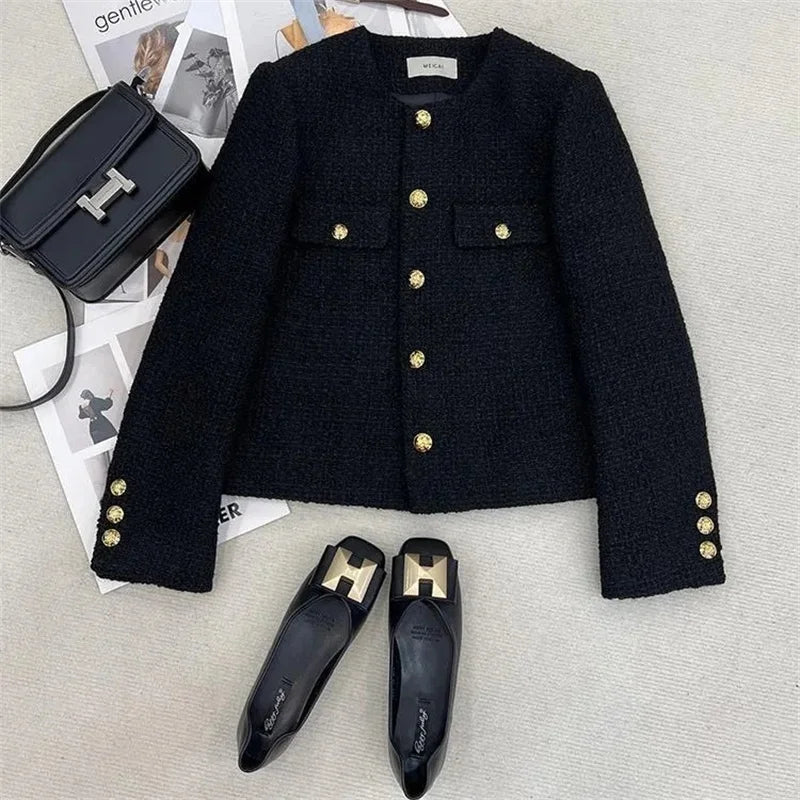 Jaqueta Curta Feminina Preta Estilo Elegante, Nova Coleção Outono Inverno 2026, Gola Redonda, Casaco de Tweed Grosso e Texturizado, Agasalho Feminino