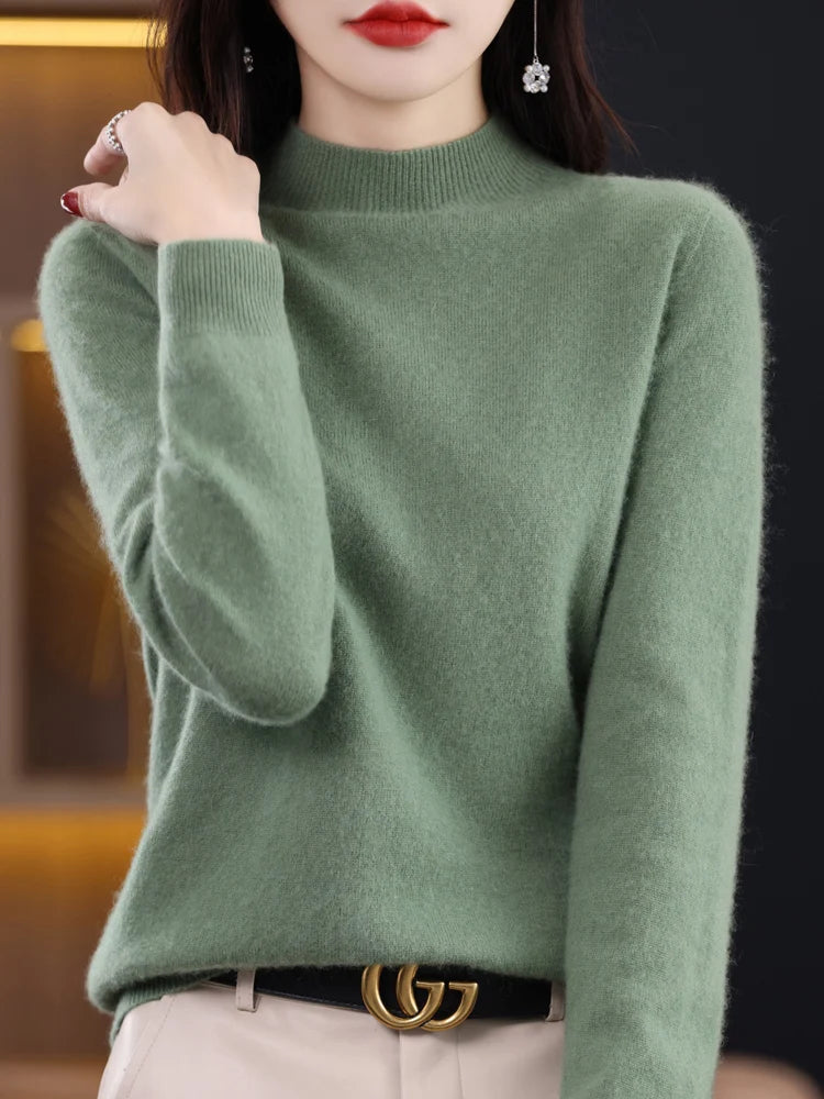 Moda 100% lã camisola feminina mock-neck malhas pulôveres de caxemira outono inverno manga longa jumpers roupas topos