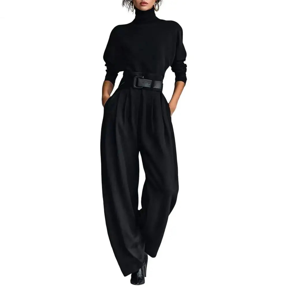 Conjunto Feminino de 2 Peças 2026: Blusa de Gola Alta Manga Longa e Calça de Cintura Alta com Cinto - Conjunto Casual Feminino Estilo Streetwear