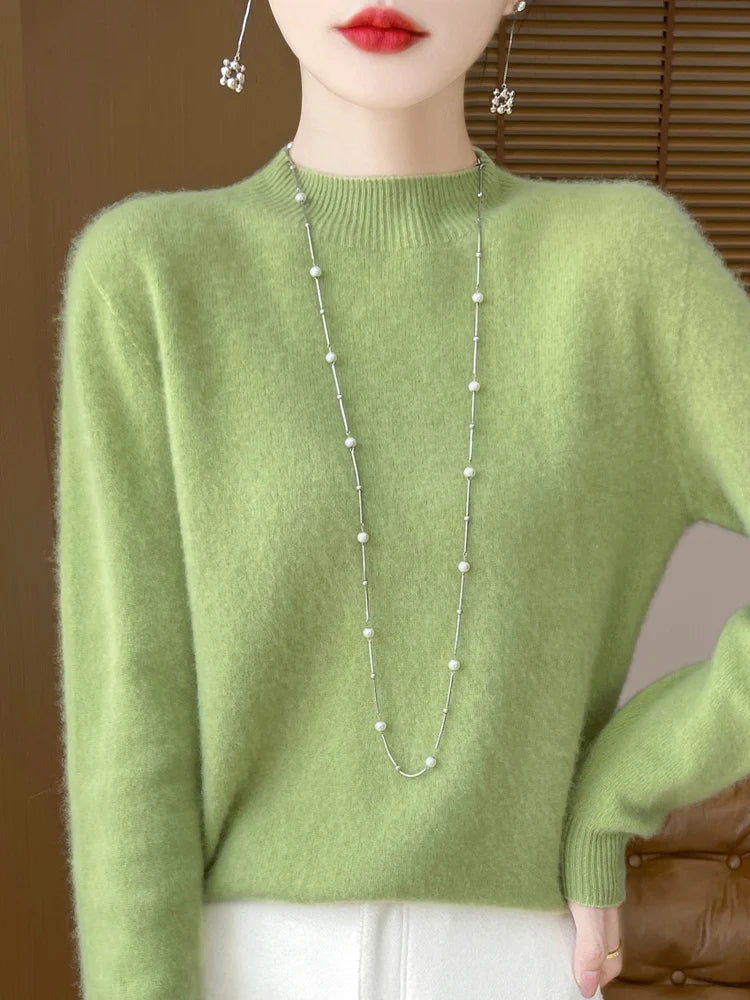 Moda 100% lã camisola feminina mock-neck malhas pulôveres de caxemira outono inverno manga longa jumpers roupas topos