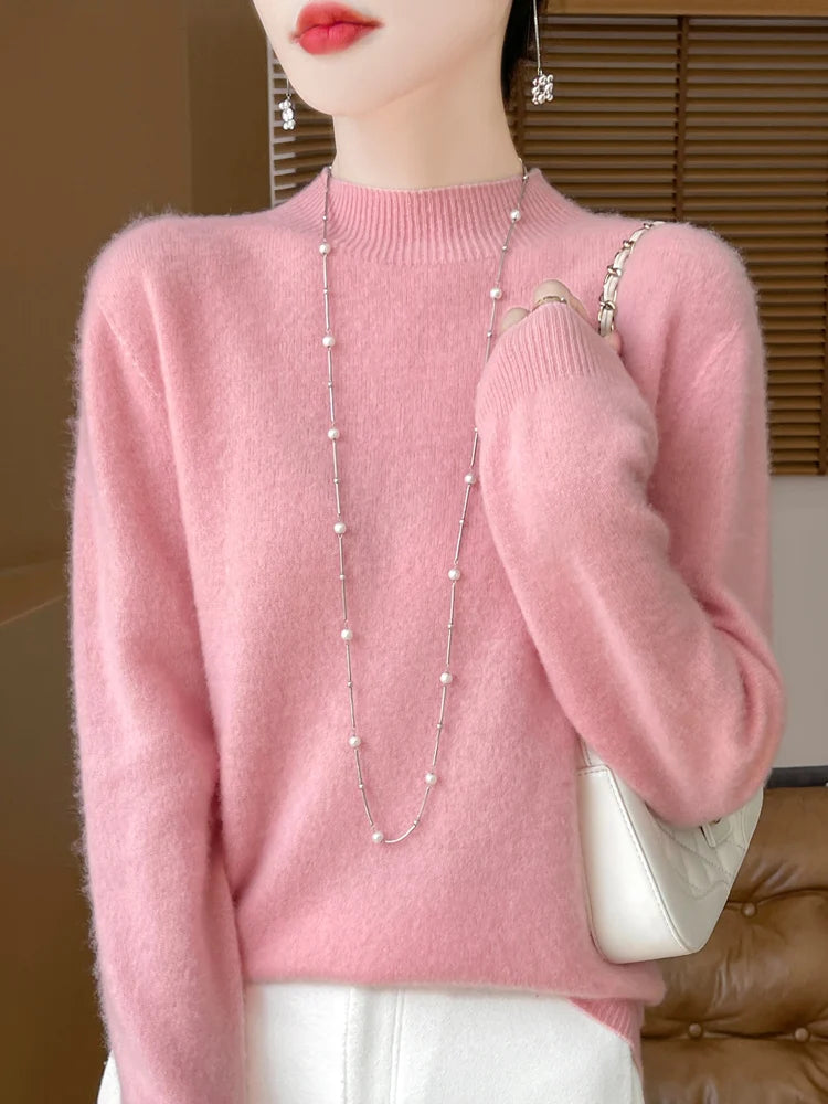 Moda 100% lã camisola feminina mock-neck malhas pulôveres de caxemira outono inverno manga longa jumpers roupas topos