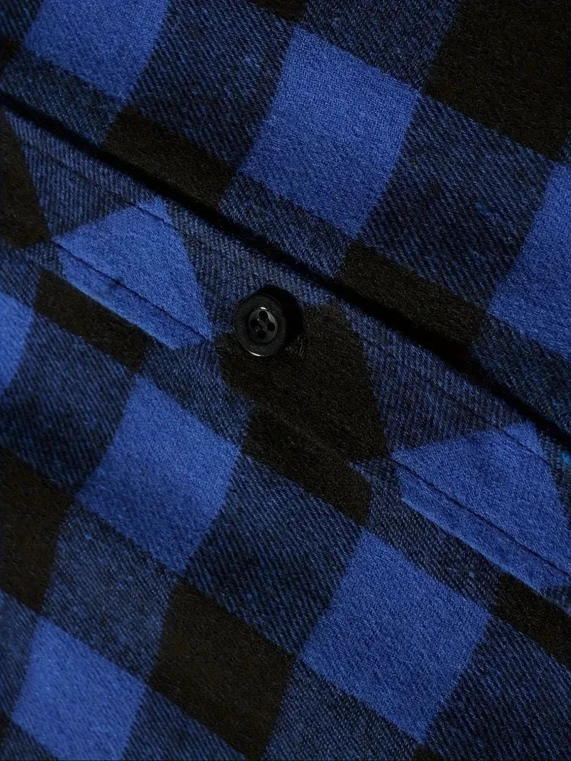 Camisas masculinas clássicas xadrez casual botão para baixo com capuz manga comprida bolsos duplos camisa com capuz jaqueta de flanela primavera outono topos