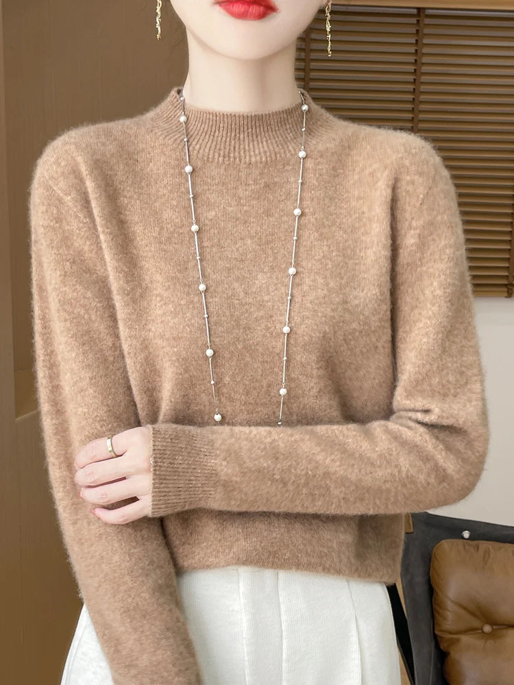 Moda 100% lã camisola feminina mock-neck malhas pulôveres de caxemira outono inverno manga longa jumpers roupas topos