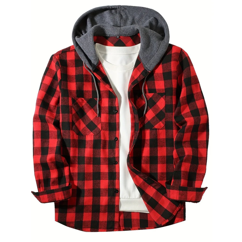 Camisas masculinas clássicas xadrez casual botão para baixo com capuz manga comprida bolsos duplos camisa com capuz jaqueta de flanela primavera outono topos