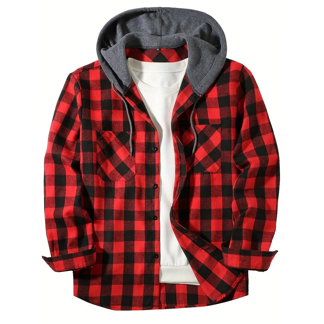 Camisas masculinas clássicas xadrez casual botão para baixo com capuz manga comprida bolsos duplos camisa com capuz jaqueta de flanela primavera outono topos