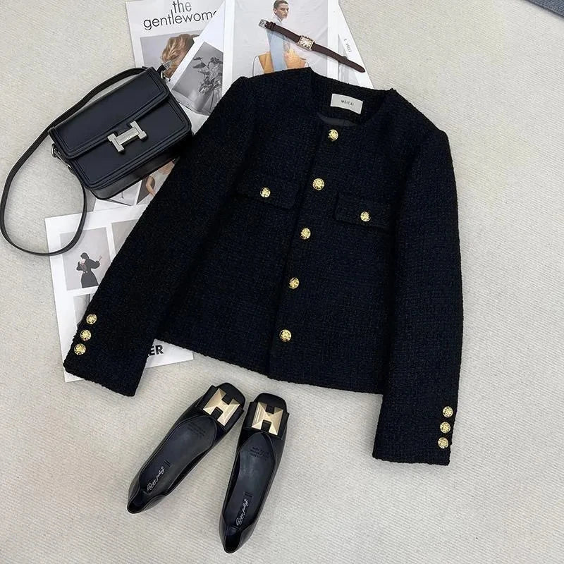 Jaqueta Curta Feminina Preta Estilo Elegante, Nova Coleção Outono Inverno 2026, Gola Redonda, Casaco de Tweed Grosso e Texturizado, Agasalho Feminino