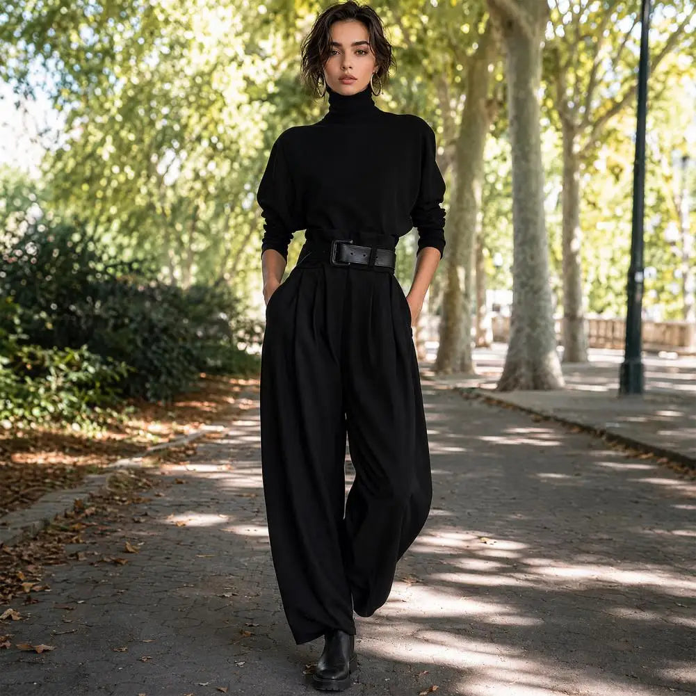 Conjunto Feminino de 2 Peças 2026: Blusa de Gola Alta Manga Longa e Calça de Cintura Alta com Cinto - Conjunto Casual Feminino Estilo Streetwear