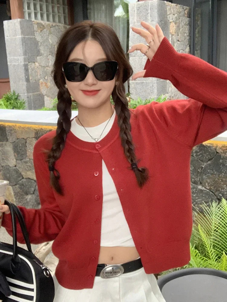 Cardigan feminino manga longa 2026 o pescoço botão para baixo malha senhora primavera outono malha único breasted cardigan suéteres