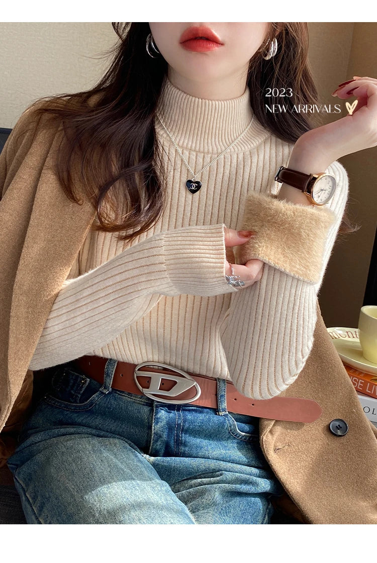 Suéter Feminino Gola Alta Inverno 2026 Retrô com Forro de Veludo Grosso Camiseta Térmica de Tricô para Usar por Baixo Pulôver