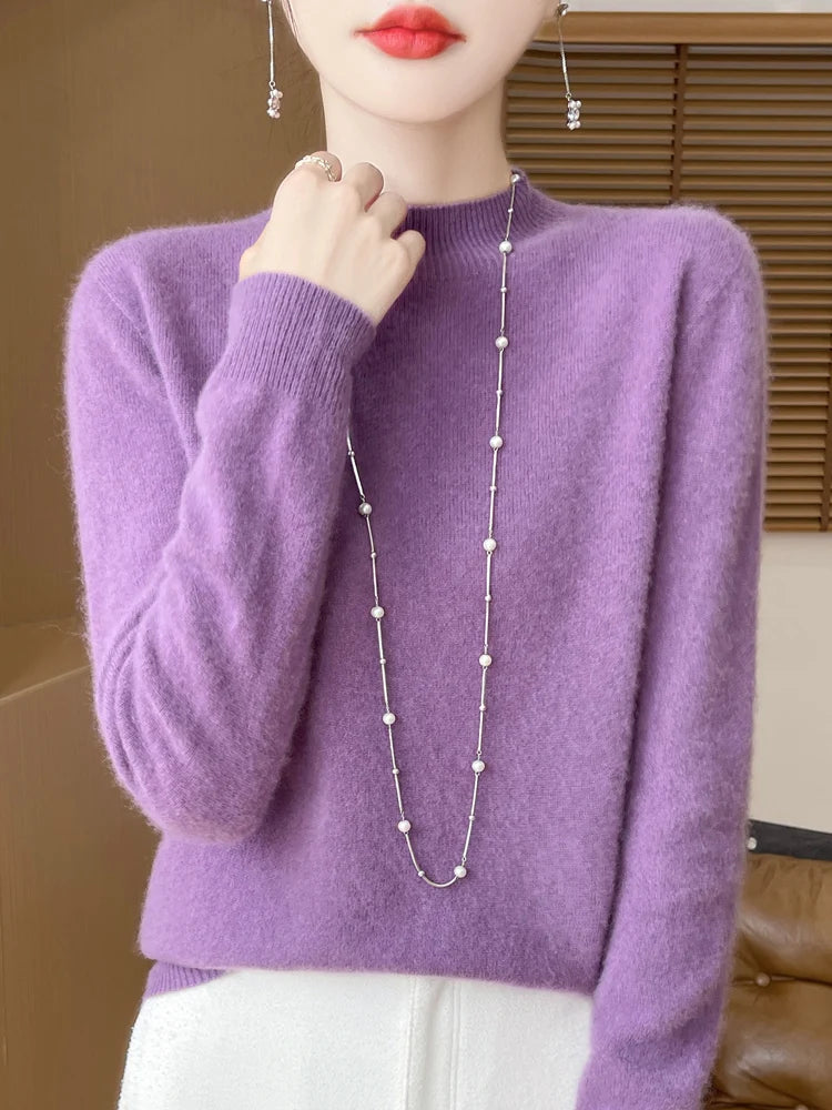 Moda 100% lã camisola feminina mock-neck malhas pulôveres de caxemira outono inverno manga longa jumpers roupas topos