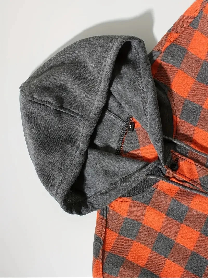 Camisas masculinas clássicas xadrez casual botão para baixo com capuz manga comprida bolsos duplos camisa com capuz jaqueta de flanela primavera outono topos