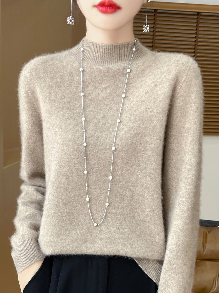 Moda 100% lã camisola feminina mock-neck malhas pulôveres de caxemira outono inverno manga longa jumpers roupas topos