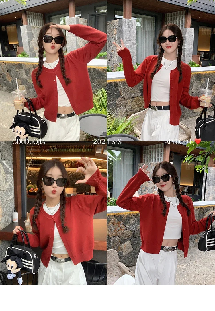 Cardigan feminino manga longa 2026 o pescoço botão para baixo malha senhora primavera outono malha único breasted cardigan suéteres