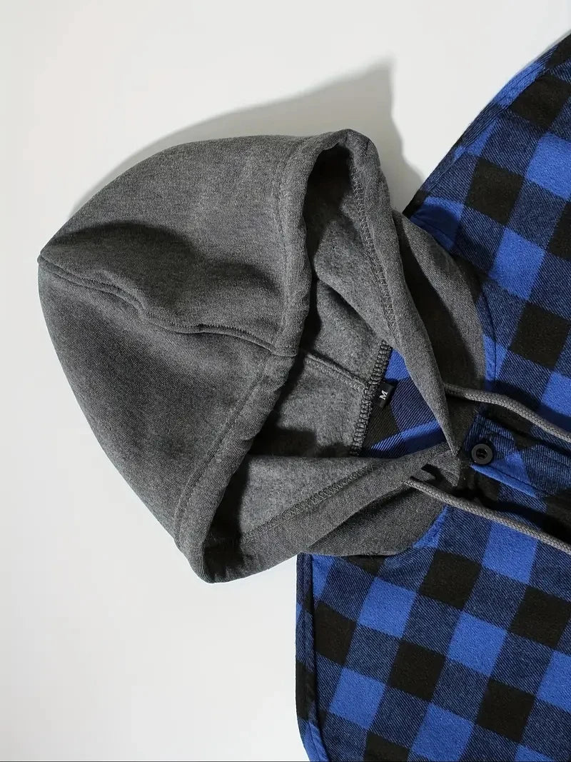 Camisas masculinas clássicas xadrez casual botão para baixo com capuz manga comprida bolsos duplos camisa com capuz jaqueta de flanela primavera outono topos