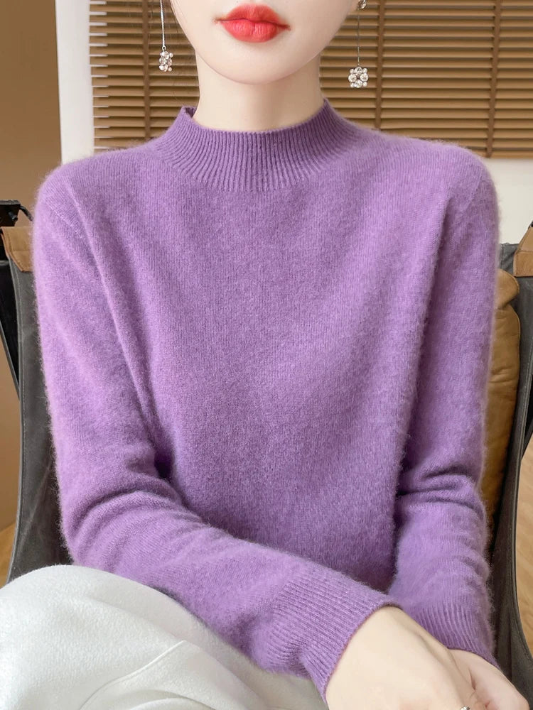 Moda 100% lã camisola feminina mock-neck malhas pulôveres de caxemira outono inverno manga longa jumpers roupas topos