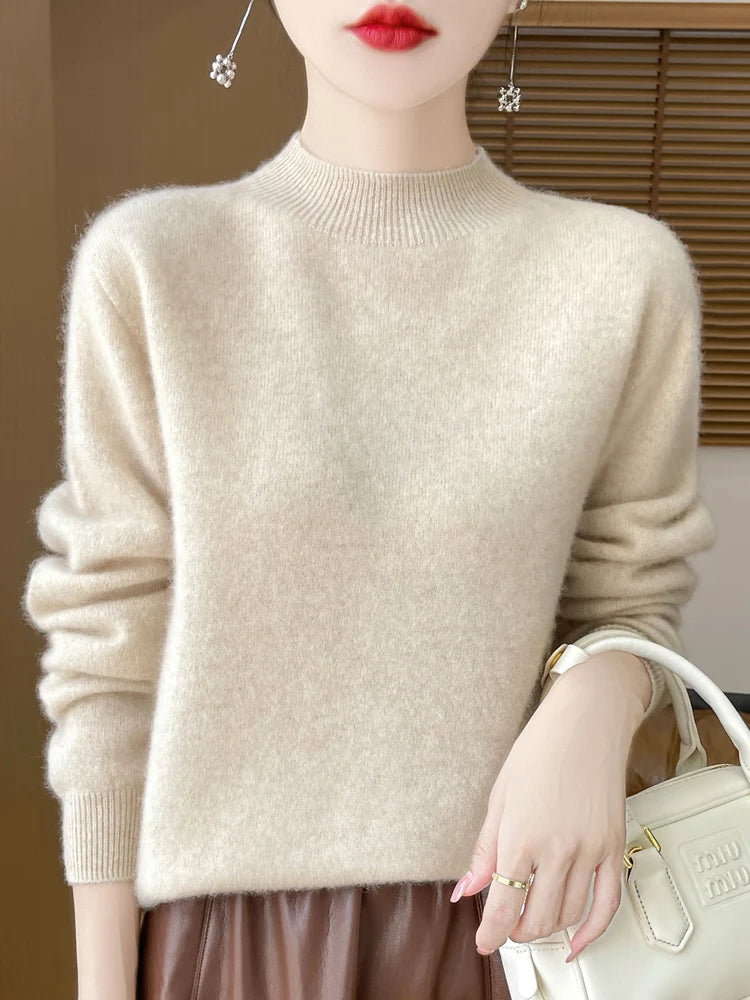 Moda 100% lã camisola feminina mock-neck malhas pulôveres de caxemira outono inverno manga longa jumpers roupas topos