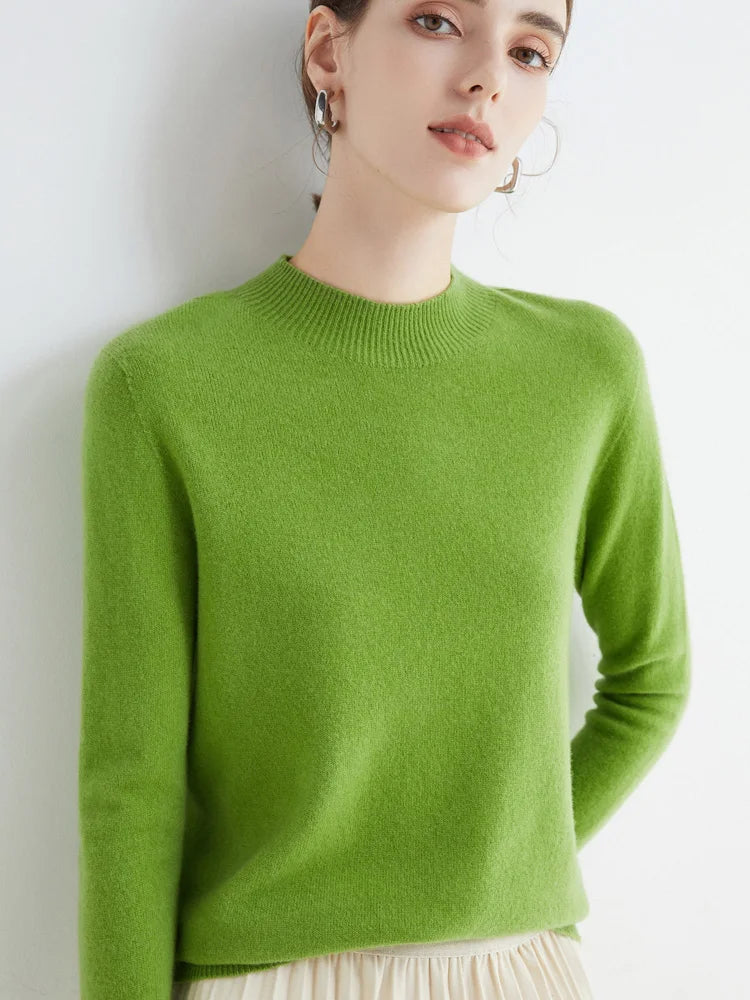 Moda 100% lã camisola feminina mock-neck malhas pulôveres de caxemira outono inverno manga longa jumpers roupas topos