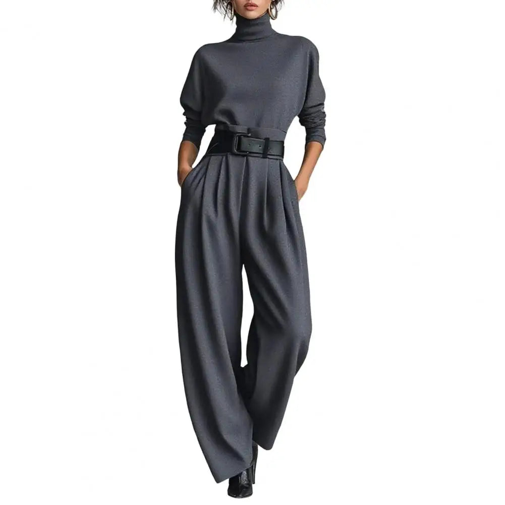 Conjunto Feminino de 2 Peças 2026: Blusa de Gola Alta Manga Longa e Calça de Cintura Alta com Cinto - Conjunto Casual Feminino Estilo Streetwear