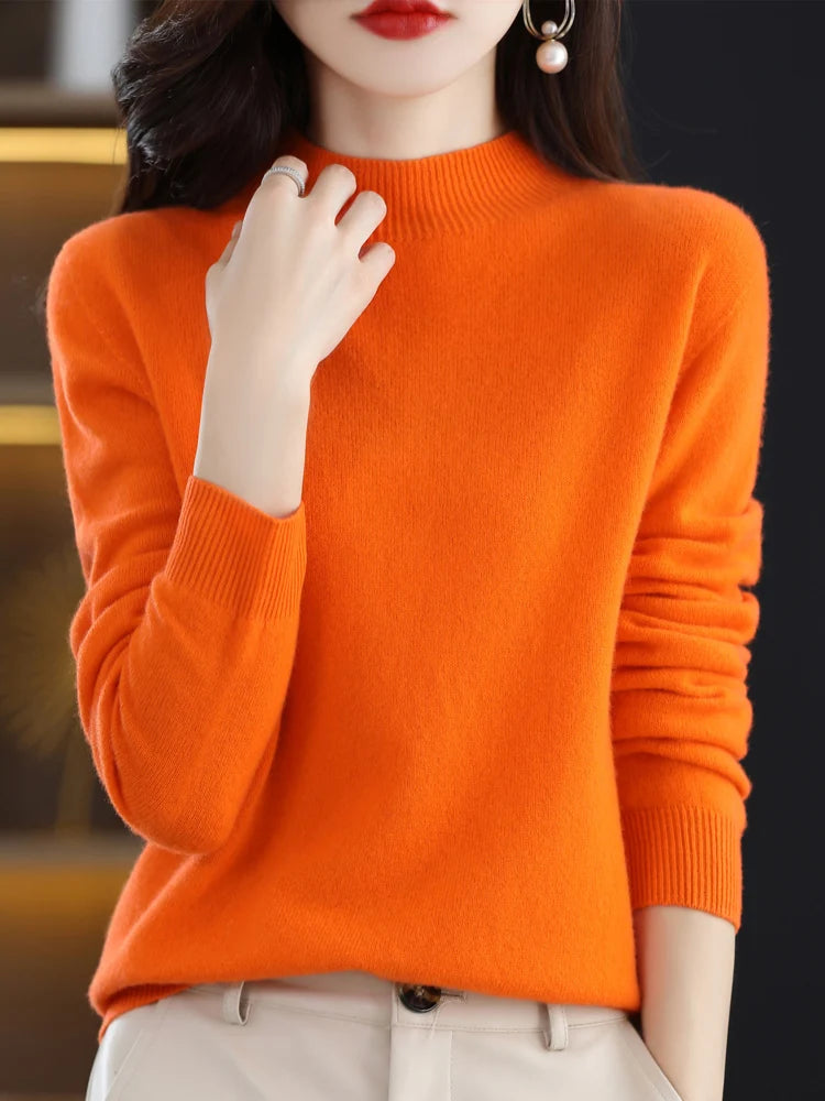 Moda 100% lã camisola feminina mock-neck malhas pulôveres de caxemira outono inverno manga longa jumpers roupas topos