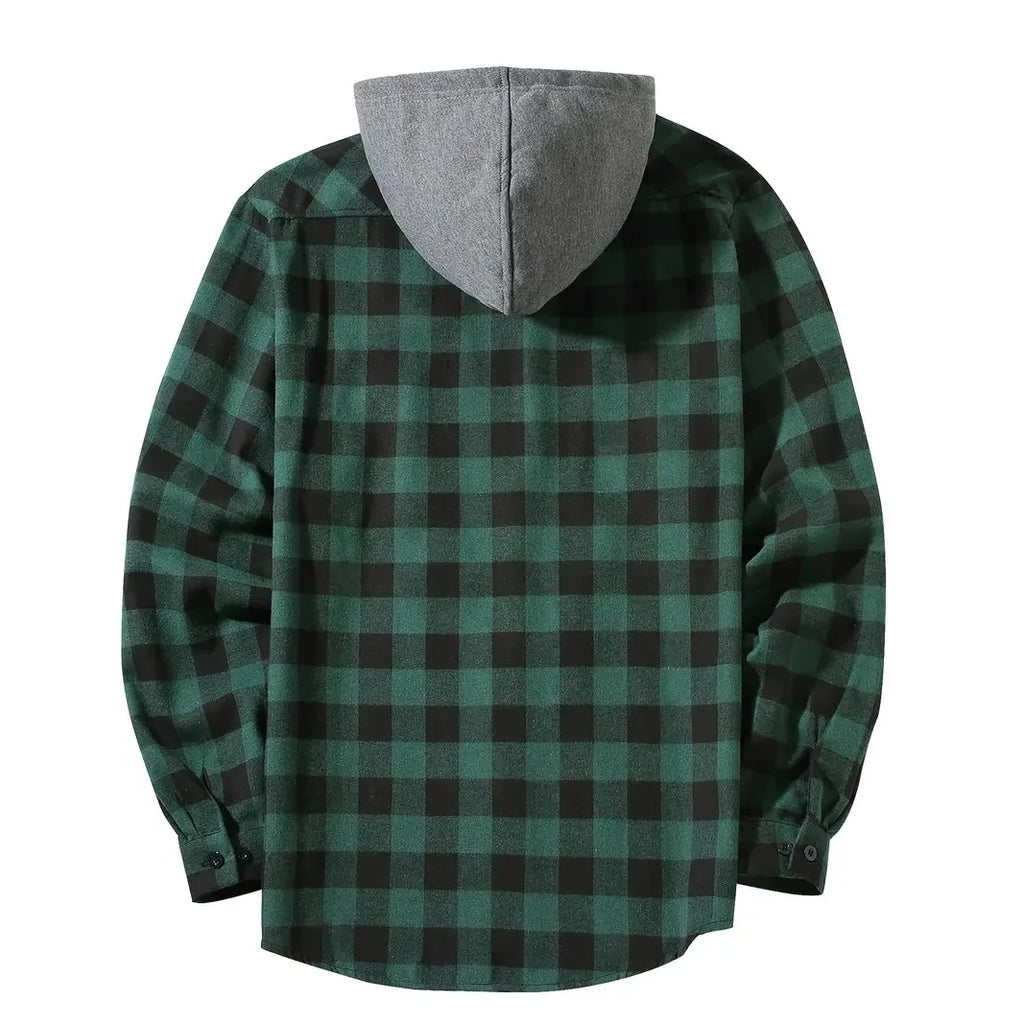 Camisas masculinas clássicas xadrez casual botão para baixo com capuz manga comprida bolsos duplos camisa com capuz jaqueta de flanela primavera outono topos