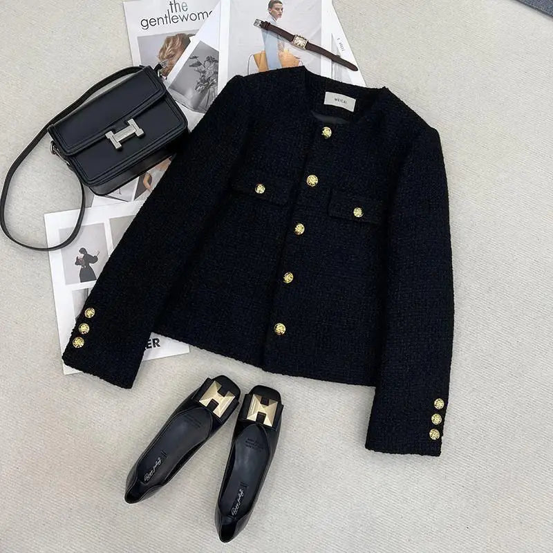 Jaqueta Curta Feminina Preta Estilo Elegante, Nova Coleção Outono Inverno 2026, Gola Redonda, Casaco de Tweed Grosso e Texturizado, Agasalho Feminino