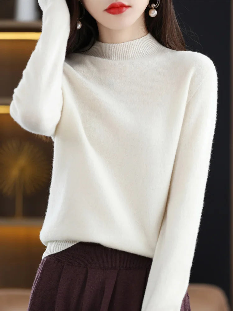 Moda 100% lã camisola feminina mock-neck malhas pulôveres de caxemira outono inverno manga longa jumpers roupas topos
