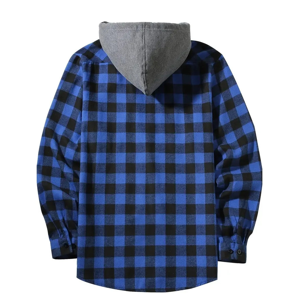 Camisas masculinas clássicas xadrez casual botão para baixo com capuz manga comprida bolsos duplos camisa com capuz jaqueta de flanela primavera outono topos